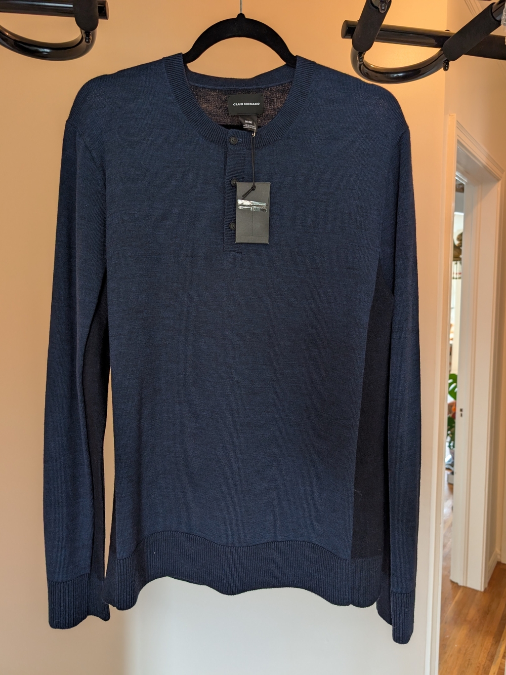 100% Wool Club Monaco Navy Henley Knit Sweater - Men's